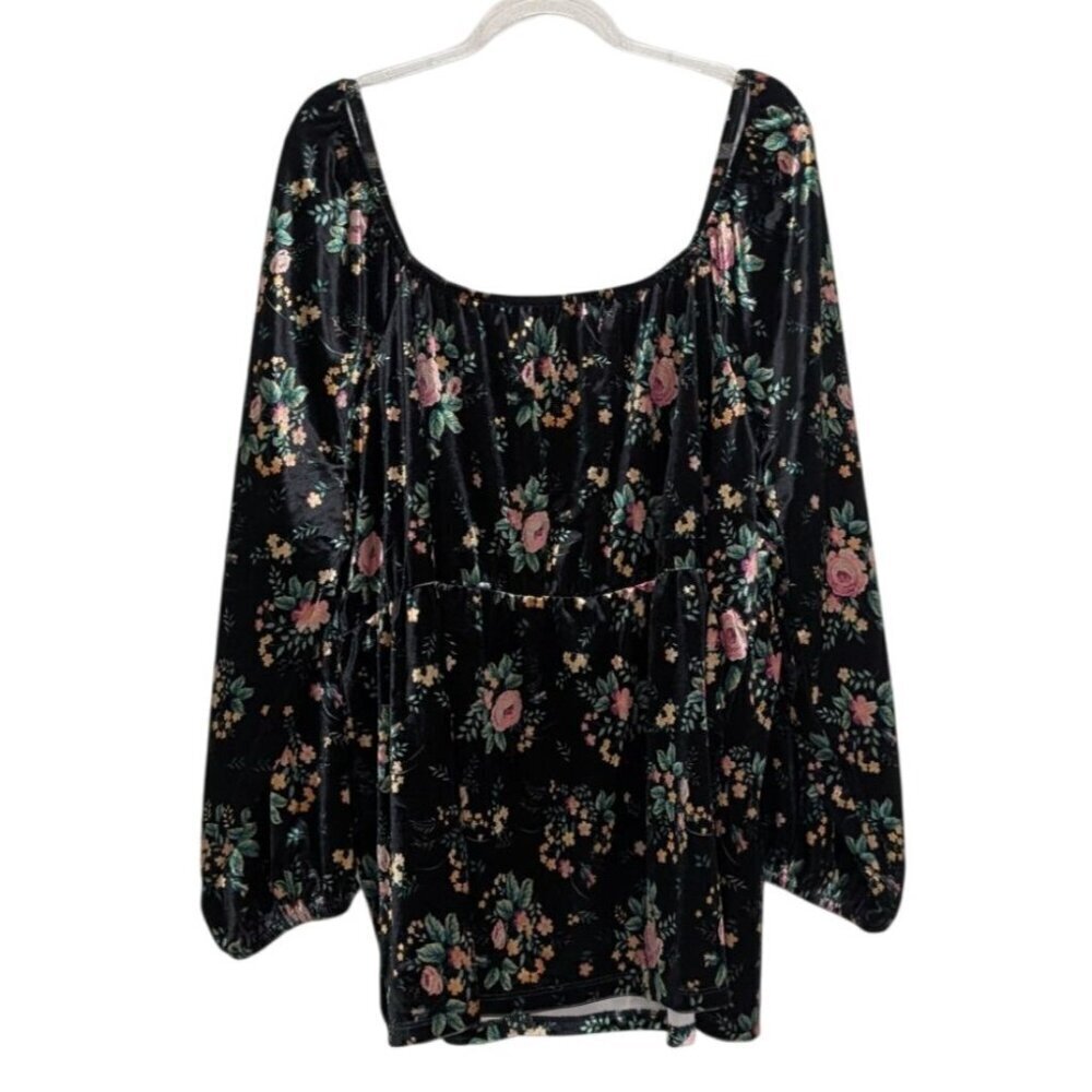 Cato Velvet Floral Babydoll Shirt Womens Size 18/20W Black Balloon Sleeve